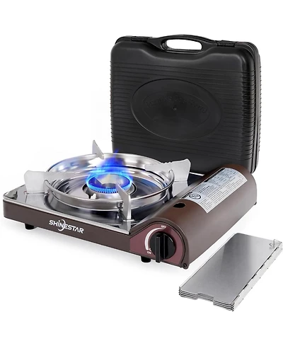 14000 Btu Butane Camping Stove, Double Wind-Guard Portable Stove for Outdoor Cooking, Carrying Case Included, Brown