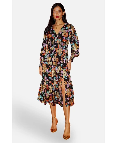 Yumi Women's Floral And Foil Ruched Midi Dress