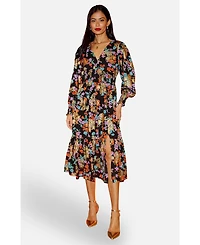 Yumi Women's Floral And Foil Ruched Midi Dress