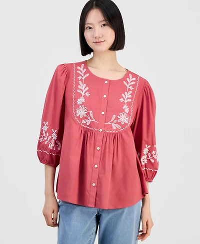 Style & Co Women's Cotton Embroidered Button Blouse, Macy's Exclusive