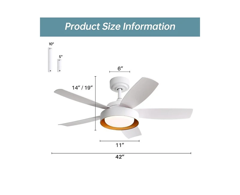 Sofucor 42-inch Modern White 5 - Blade Ceiling Fan With Remote Control and Light Kit