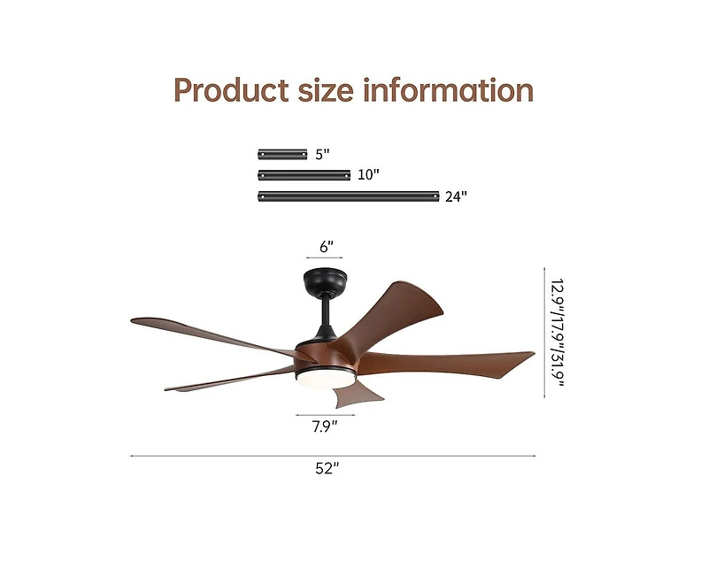 Sofucor 52-inch Modern Black 5-Blade Ceiling Fans with Led Lights and Remote Control