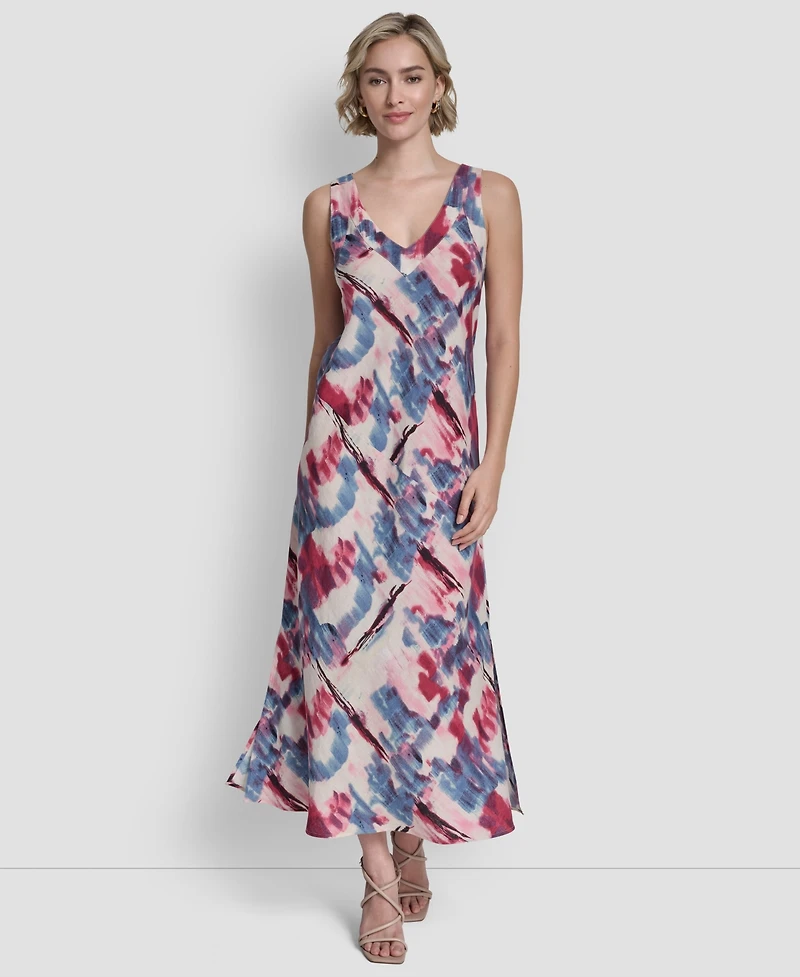 Dkny Women's Sleeveless V-Neck Panel Printed Dress