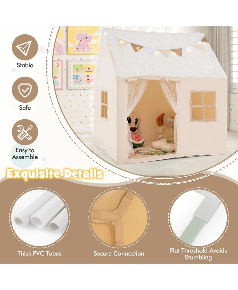 Gymax Kids Play Tent w/Padded Mat Light String Glow-in-the-dark Fabric Colorful Flags