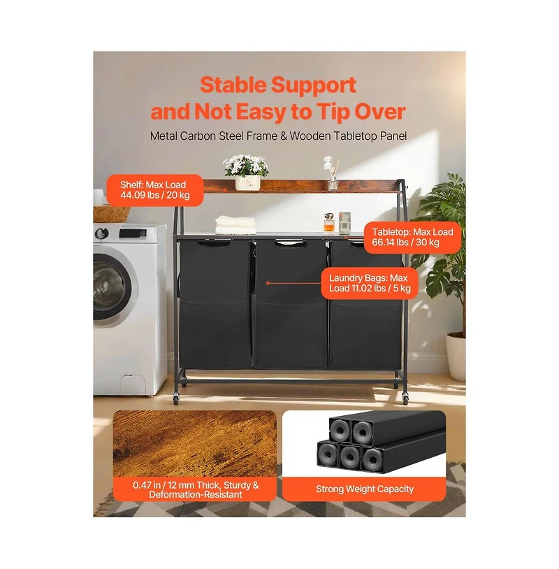 Slickblue Laundry Sorter on Wheels with 2 Tiers, 3 Bags, and Hooks