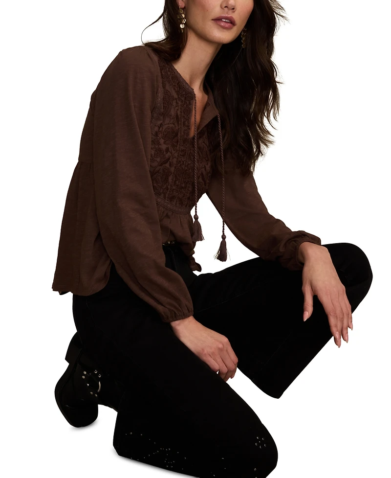 Lucky Brand Women's Embroidered Bib Peasant Top