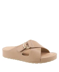 Patrizia Women s Rutha Criss-Cross Strap Slide Sandals with Gold Buckle and Padded Insole