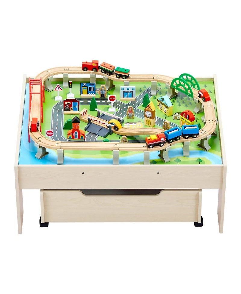 Mecale 3-in-1 Wooden Train Activity Table with 100 Pcs and Rolling Drawer