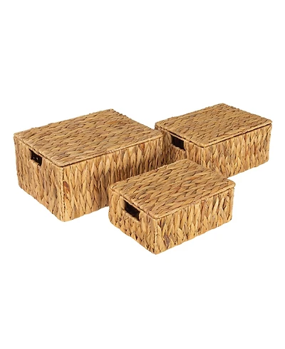 Household Essentials Rectangular Water Hyacinth Nesting Basket Set with Lid, Natural, Set of 3