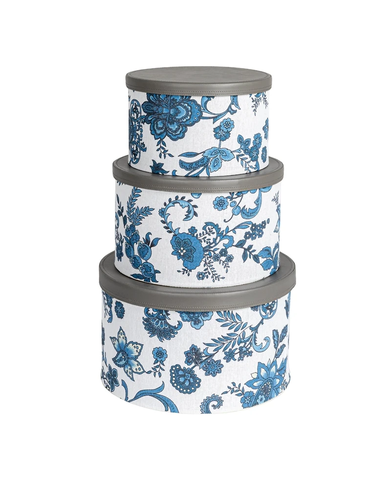 Household Essentials Floral Nestable Hat Boxes with Lids, Cream and Blue, Set of 3
