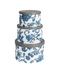 Household Essentials Floral Nestable Hat Boxes with Lids, Cream and Blue, Set of 3