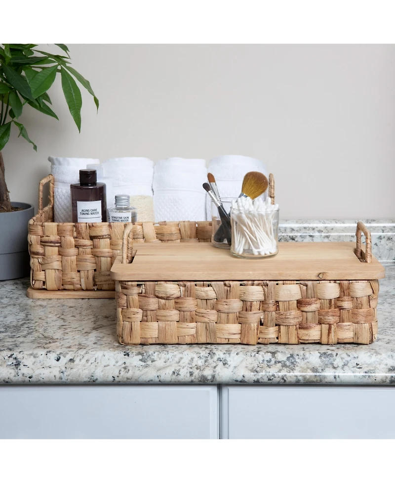 Household Essentials Stackable Hyacinth Baskets with Oak Lids, Natural Set of 2