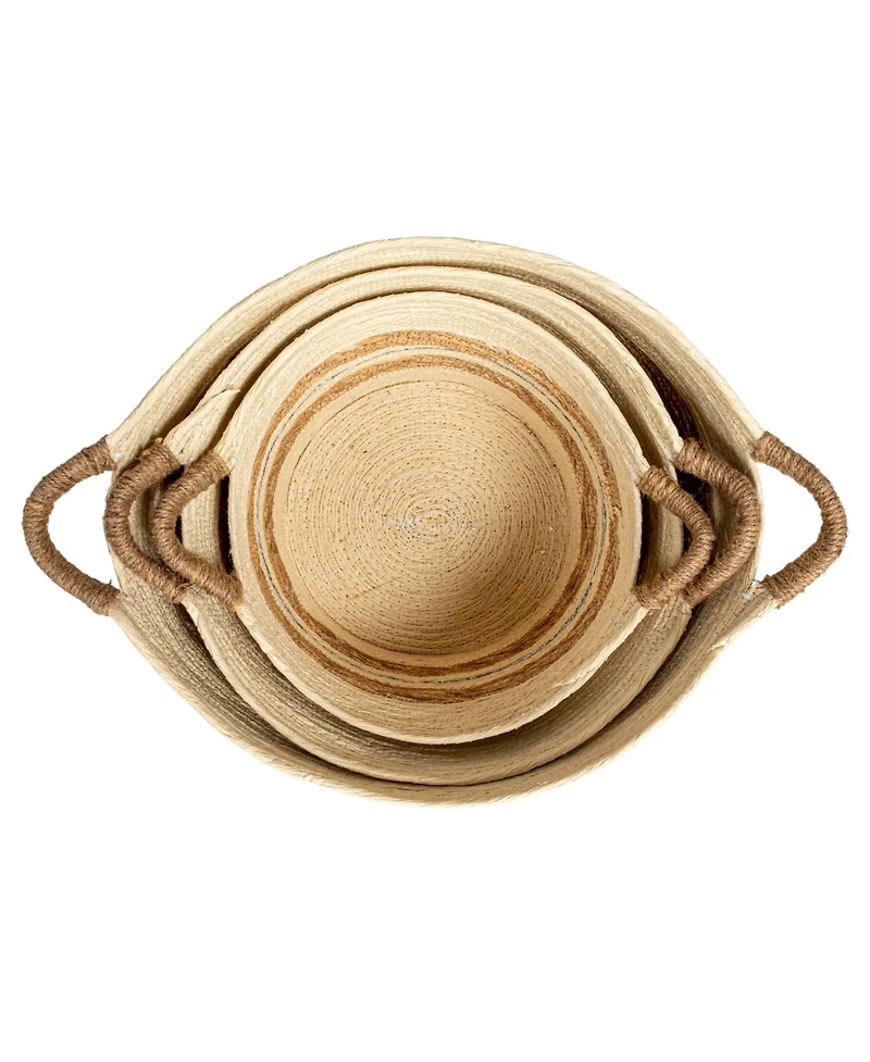 Household Essentials Handwoven Corded Paper and Cattail Striped Baskets with Handles, Natural, Set of 3