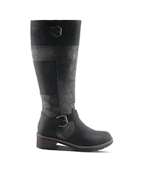 Patrizia Women s Collage Patchwork Knee-High Boots with Embroidery and Buckle Accents