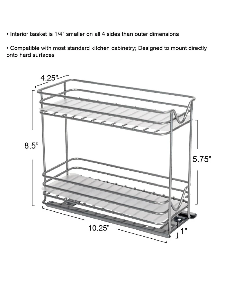Household Essentials Glidez Steel Pull-Out Storage Organizer with Plastic Liners, 2 -Tier Design, Brushed Silver