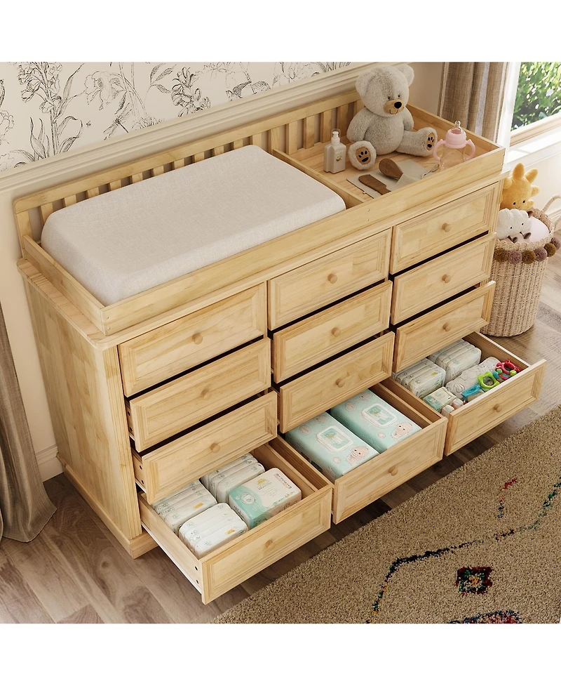 Homsee Solid Wood Changing Table with 12 Drawers and Guardrails, Chest of Drawers