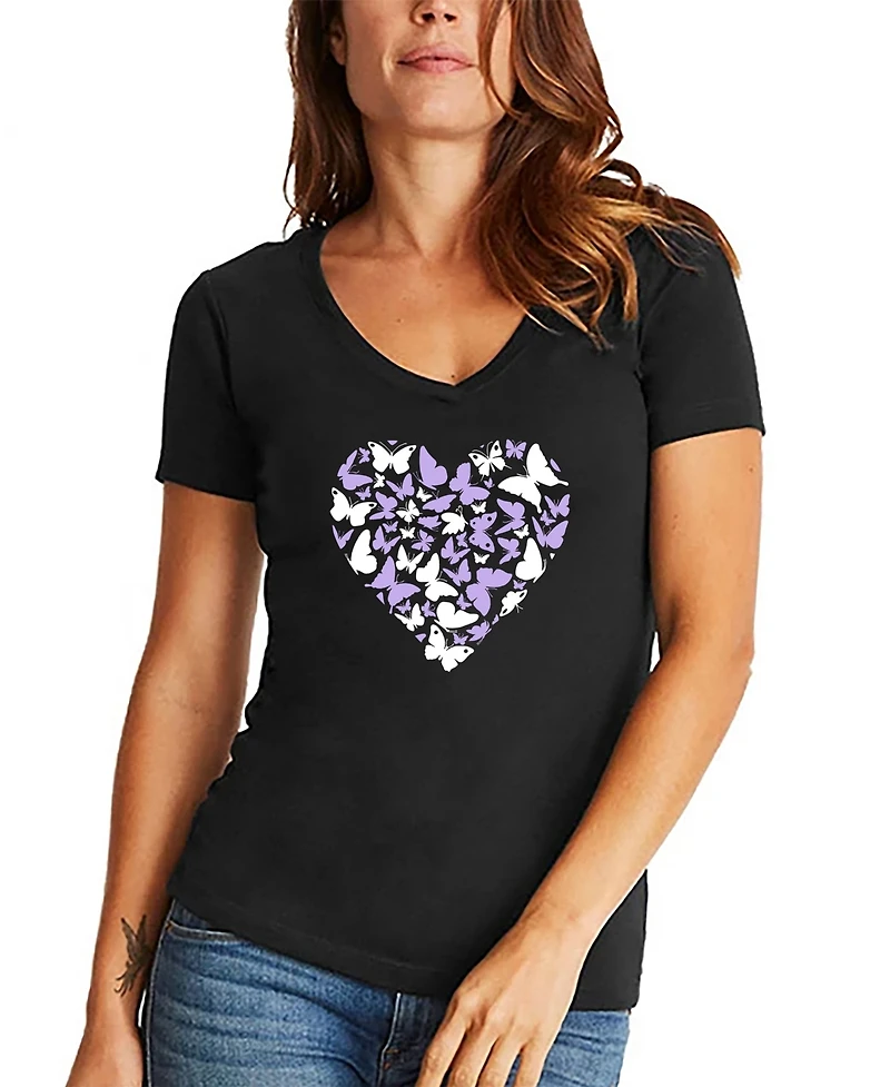 La Pop Art Women's Butterfly Heart Word V-Neck T-Shirt