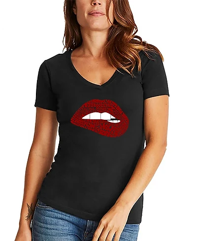 La Pop Art Women's Brooklyn Lips Word V-Neck T-Shirt