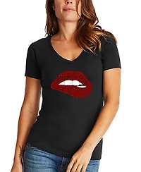 La Pop Art Women's Brooklyn Lips Word V-Neck T-Shirt
