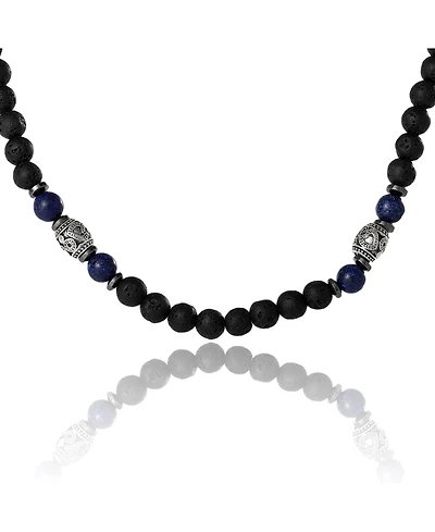 Lucky Brand Men s Lava Rock & Lapis Beaded 22'' Necklace, Silver Tone Barrel Accents