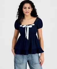 Ultra Flirt Juniors' Ribbon-Trim Puff-Sleeve Peasant Top