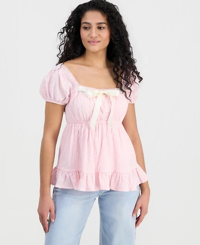 Ultra Flirt Juniors' Ribbon-Trim Puff-Sleeve Peasant Top