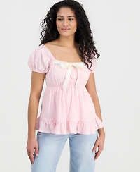 Ultra Flirt Juniors' Ribbon-Trim Puff-Sleeve Peasant Top