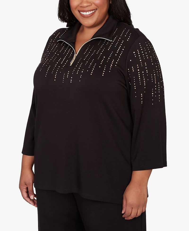 Alfred Dunner Plus Seville Heat Set Embellished Zip Mock Neck Top