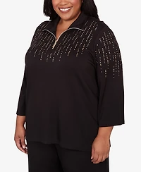 Alfred Dunner Plus Seville Heat Set Embellished Zip Mock Neck Top