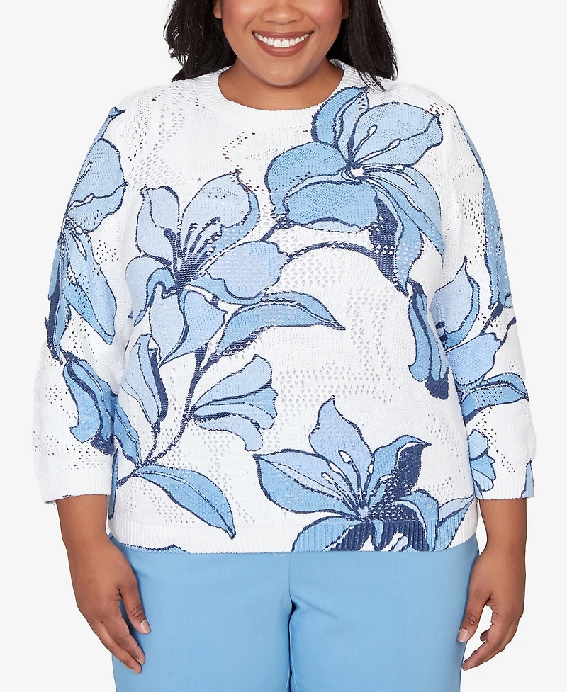 Alfred Dunner Plus St. Augustine Abstract Floral Print Ribbed Sweater