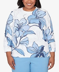 Alfred Dunner Plus St. Augustine Abstract Floral Print Ribbed Sweater