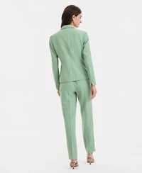 Kasper Womens Stretch Crepe One Button Panel Seamed Jacket Floral Sleeveless Tie Front Blouse Stretch Crepe High Rise Slim Pants