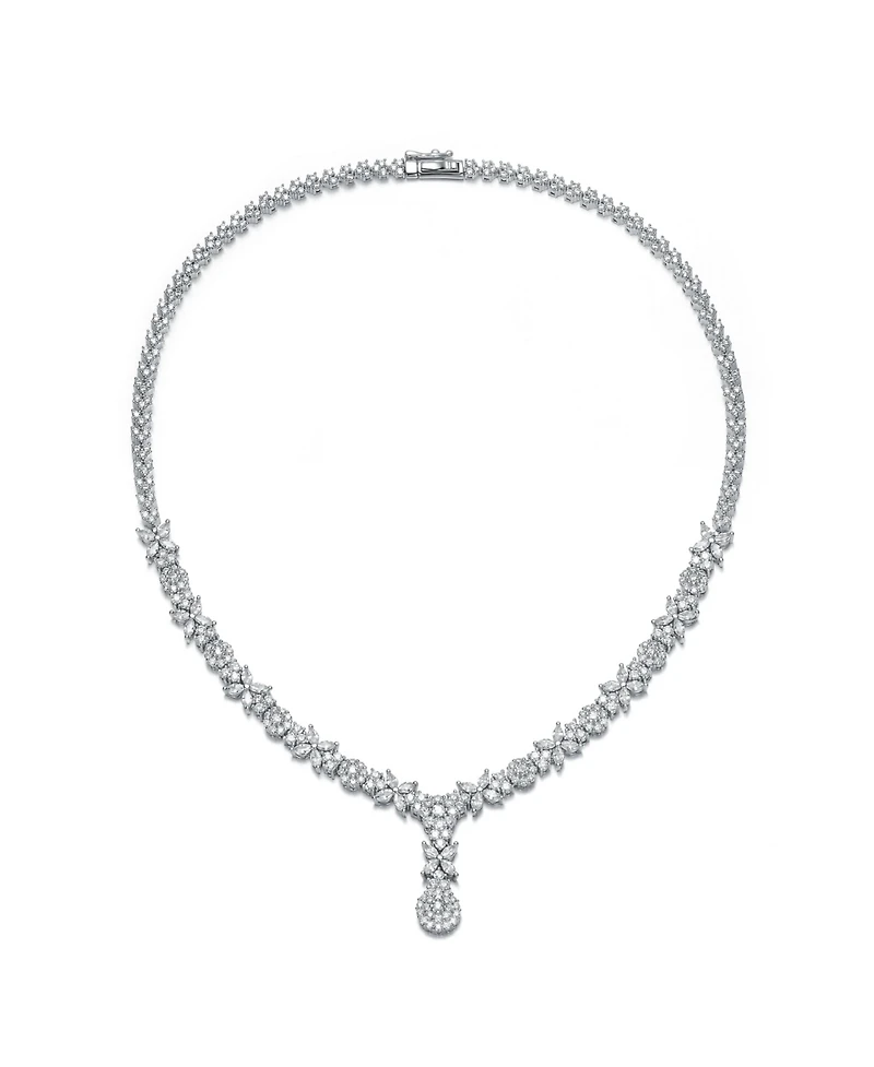 Genevive Chic Sterling Silver White Gold Plated Cubic Zirconia Drop Necklace