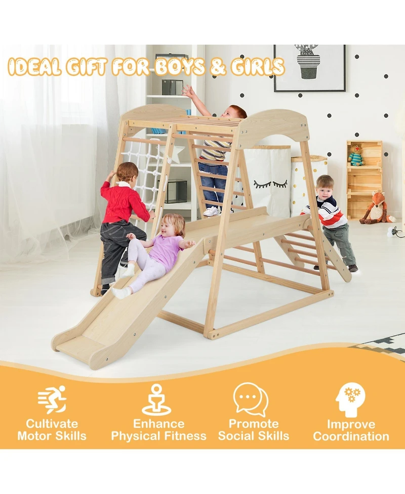 Skonyon 6-in-1 Indoor Jungle Gym Kids Wooden Playground with Monkey Bars-Natural.