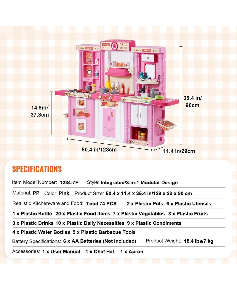 Mecale Kids Kitchen Playset, 3-in-1 Kitchen with Spray, Lights & Sounds, 74 Pcs Cooking Accessories, Pretend Play Set for Kids