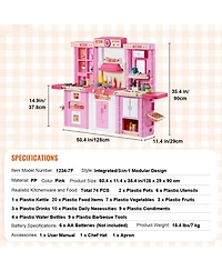 Mecale Kids Kitchen Playset, 3-in-1 Kitchen with Spray, Lights & Sounds, 74 Pcs Cooking Accessories, Pretend Play Set for Kids