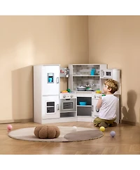 Mecale Corner Wooden Play Kitchen, Toy Set with Lights & Sounds, Ice Maker, Oven, Sink, Clock, Microwave, Fridge & Accessories