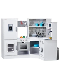 Mecale Corner Wooden Play Kitchen, Toy Set with Lights & Sounds, Ice Maker, Oven, Sink, Clock, Microwave, Fridge & Accessories