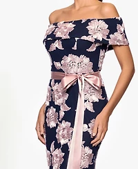 Betsy & Adam Petite Printed Off-The-Shoulder Gown