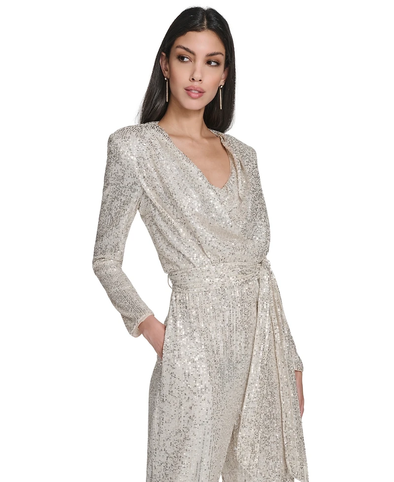 Eliza J Women's Long-Sleeve Social-Sequin Jumpsuit