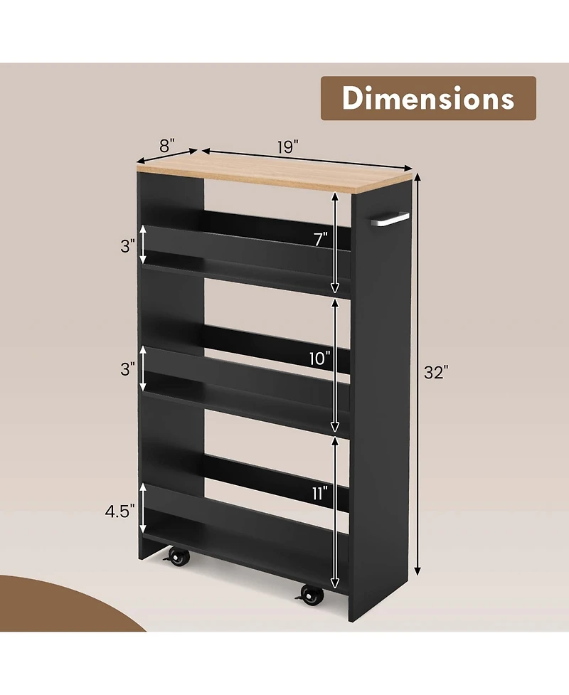 Costway 4-Tier Rolling Storage Cart 8" Slim Kitchen Cart on Wheels with Open Shelves