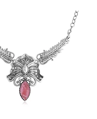 American West Jewelry Sterling Silver Rhodochrosite Cactus Flower Marquise Feather Necklace, 20 Inches
