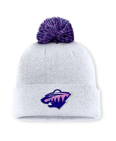 Men's White Minnesota Wild Authentic Pro Hockey Fights Cancer Cuffed Knit Hat with Pom