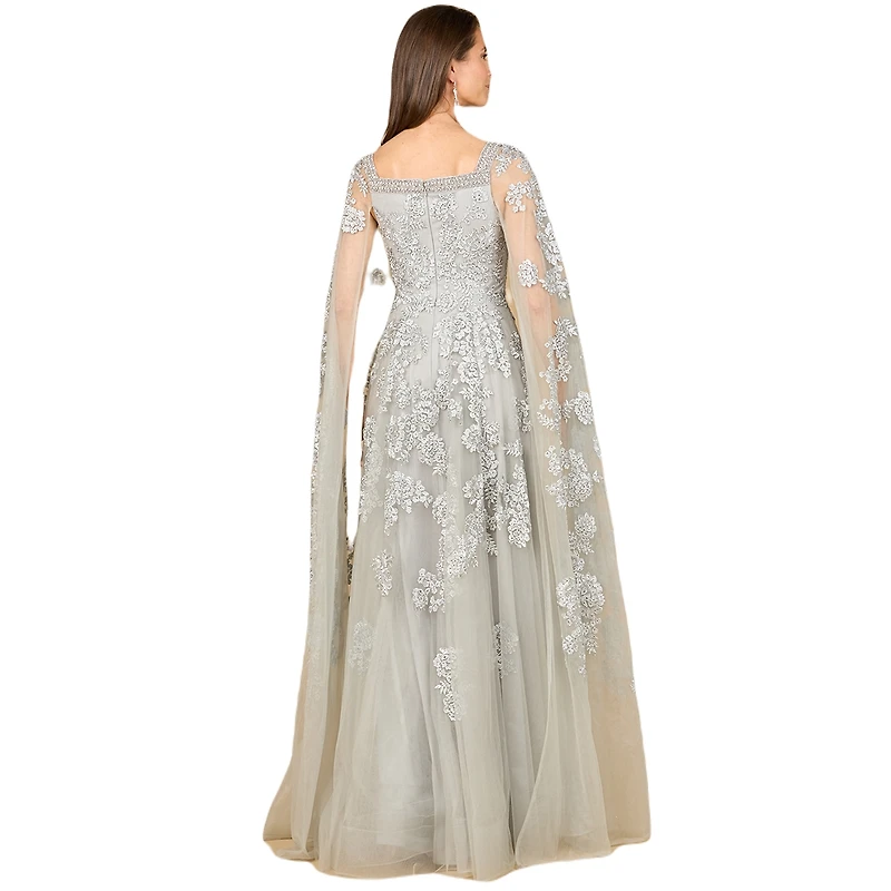 Lara Women's Lace gown with long cape sleeves