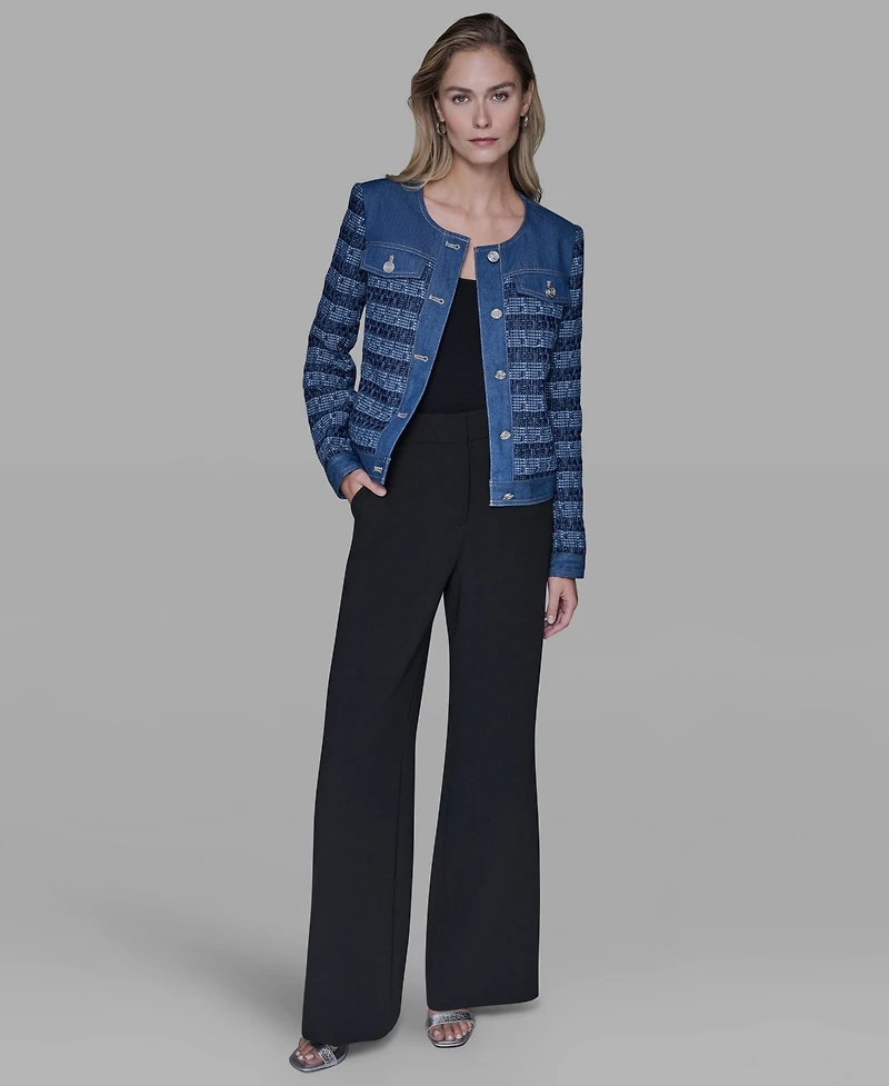 Karl Lagerfeld Paris Women's Crewneck Tweed and Denim Jacket