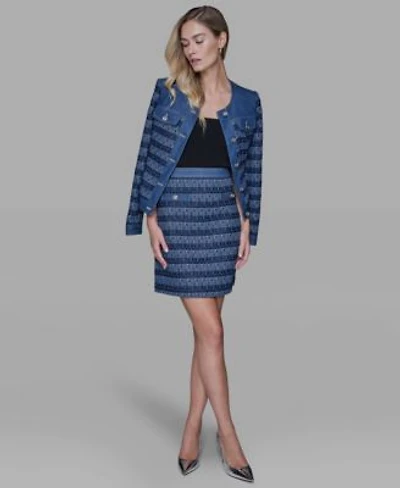 Karl Lagerfeld Paris Womens Crewneck Tweed Denim Jacket Zipper Mini Skirt