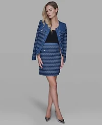 Karl Lagerfeld Paris Womens Crewneck Tweed Denim Jacket Zipper Mini Skirt