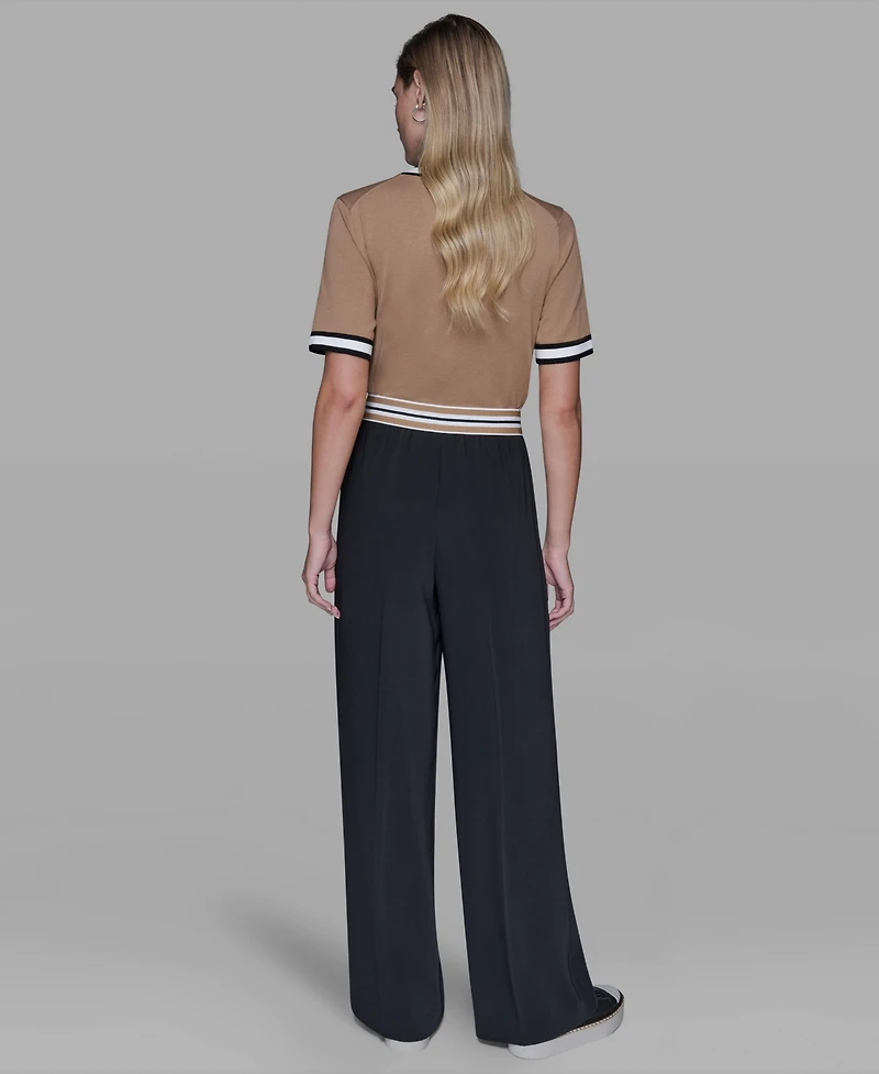 Karl Lagerfeld Paris Women's Striped Wide Leg Pull-On Pants