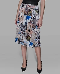 Karl Lagerfeld Paris Women's City Scene Print Pull-On Pleated Skirt