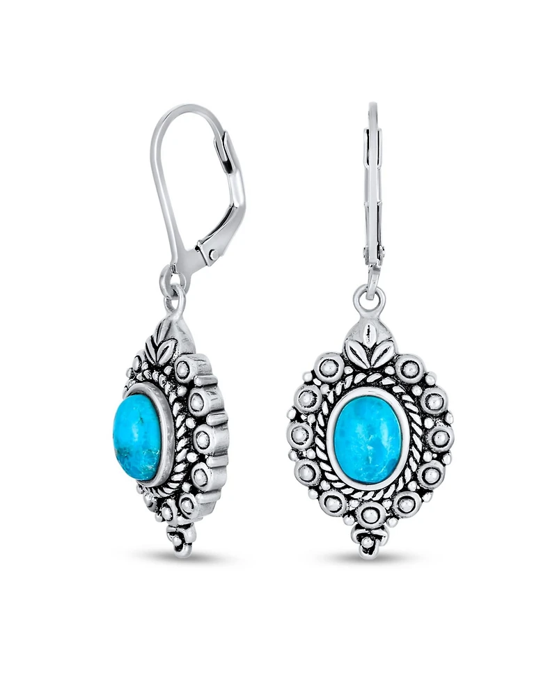 Bling Jewelry Western Style Oval Filigree Blue Natural Stabilized Turquoise Dangle Drop Earrings Lever Back Oxidized Sterling Silver